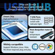 Хаб USB Концентратор 7 портів USB 2.0 кабель 30 см, фото 4