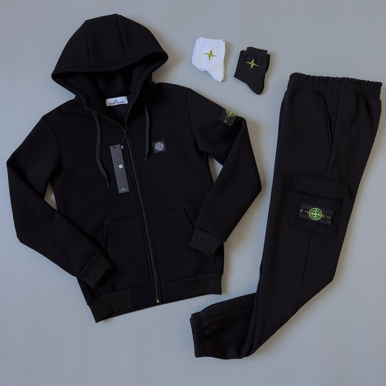 Чоловічий зимовий спортивний костюм Stone Island чорний на флісі Стон Айленд теплий з капюшоном