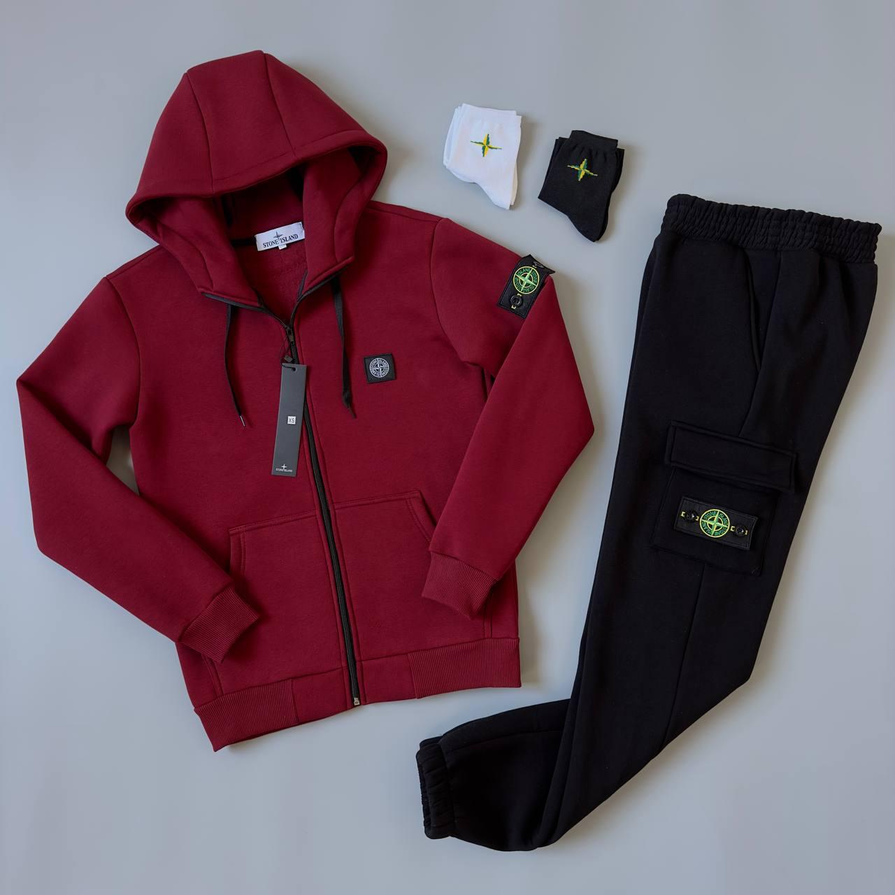 Чоловічий зимовий спортивний костюм Stone Island червоний на флісі Стон Айленд теплий з капюшоном