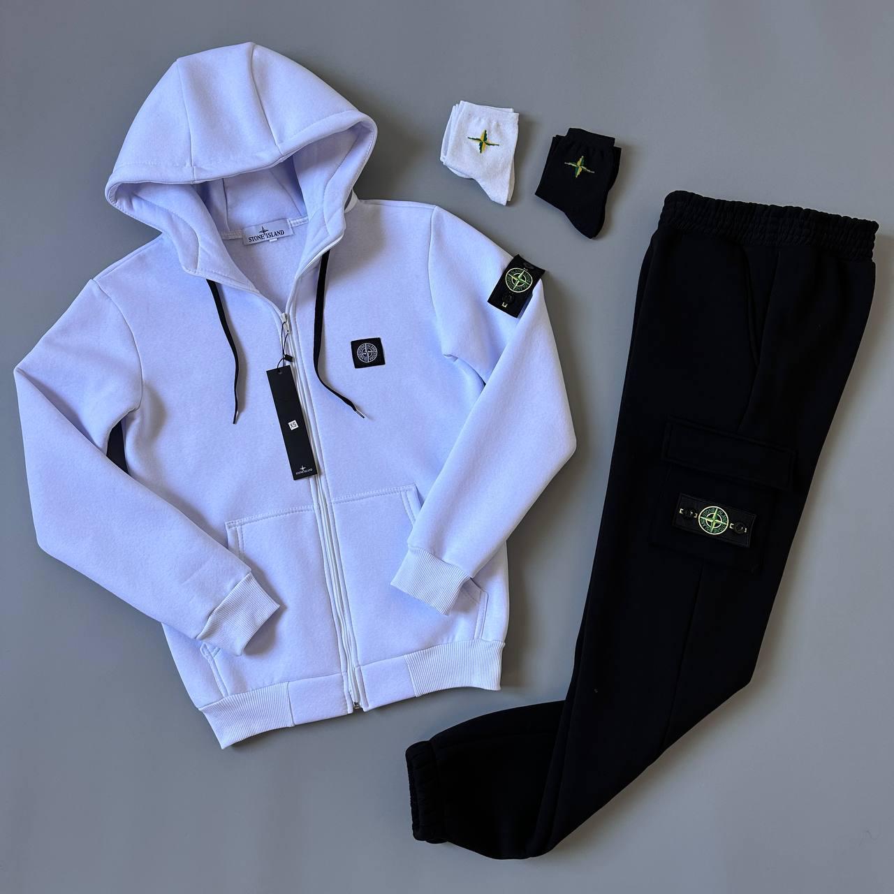 Чоловічий зимовий спортивний костюм Stone Island білий на флісі Стон Айленд теплий з капюшоном, фото 1