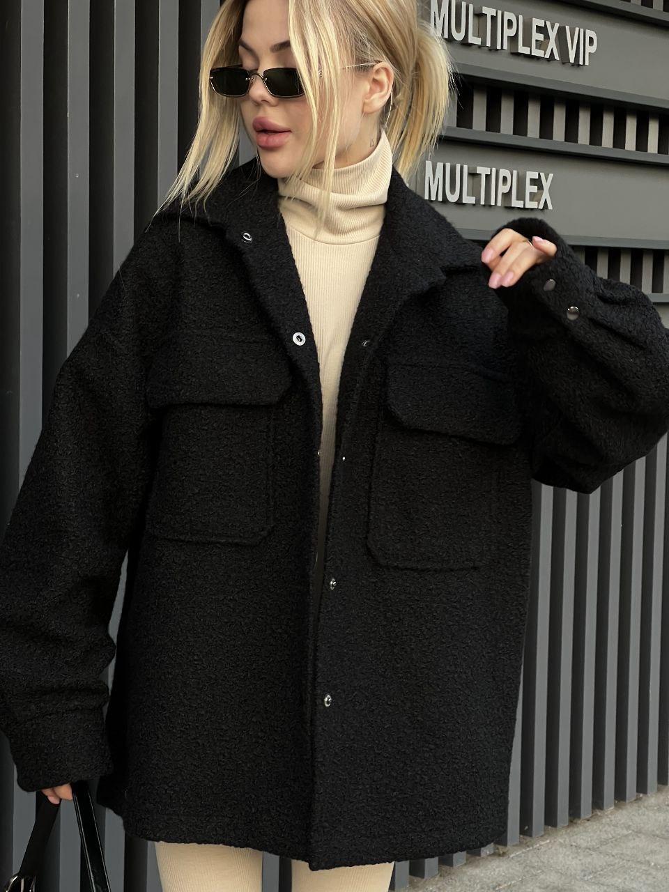 Чорна утеплена жіноча сорочка в стилі Oversize хутро баранчик-каракуль