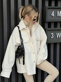Молочна утеплена жіноча сорочка в стилі Oversize хутро баранчик-каракуль
