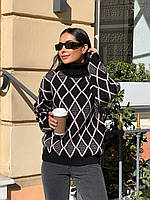 Женский теплый свитер, оверсайз, в ромбик, черный + светлая пудра
