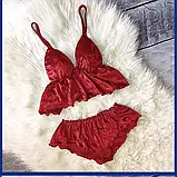 Велюрова жіноча піжама червоного кольору топ з рюшами та шортики трусики, фото 2