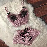 Рожева піжама жіноча для сну топ і шортики з велюру, фото 2