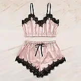 Атласна жіноча піжама шортики та короткий топ жовтого кольору, фото 8