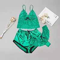 Жіноча піжама двійка у зеленому кольорі шорти, майка та мереживні трусики