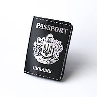 Кожаная обложка для паспорта "Passport+большой Герб Украины",черная с серебром+белая нить