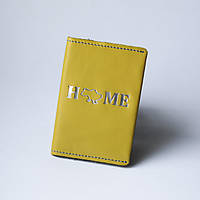 Кожаная обложка для паспорта "Home",желтая с посеребрением,голубая нить