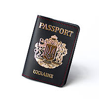 Кожаная обложка для паспорта "Passport+большой Герб Украины",черная с позолотой+ красная нить