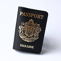 Кожаная обложка для паспорта "Passport+большой Герб Украины",черная с позолотой