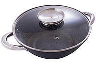 Сковорода-wok чавунна Kamille 320 мм x 4,5 л мармур із кришкою