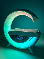 Настільна смарт лампа нічник RGB G-Smart BT-3401 3в1 (бездротова зарядка, Bluetooth колонка, годинник) білий, фото 6