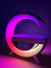 Настільна смарт лампа нічник RGB G-Smart BT-3401 3в1 (бездротова зарядка, Bluetooth колонка, годинник) білий, фото 5