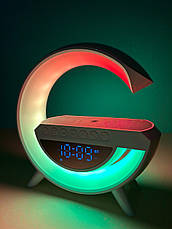 Настільна смарт лампа нічник RGB G-Smart BT-3401 3в1 (бездротова зарядка, Bluetooth колонка, годинник) білий, фото 4