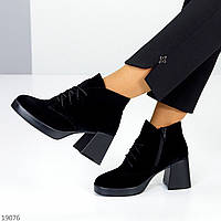 Шикарные замшевые женские черные ботинки ботильоны натуральная замша высокий удобный каблук