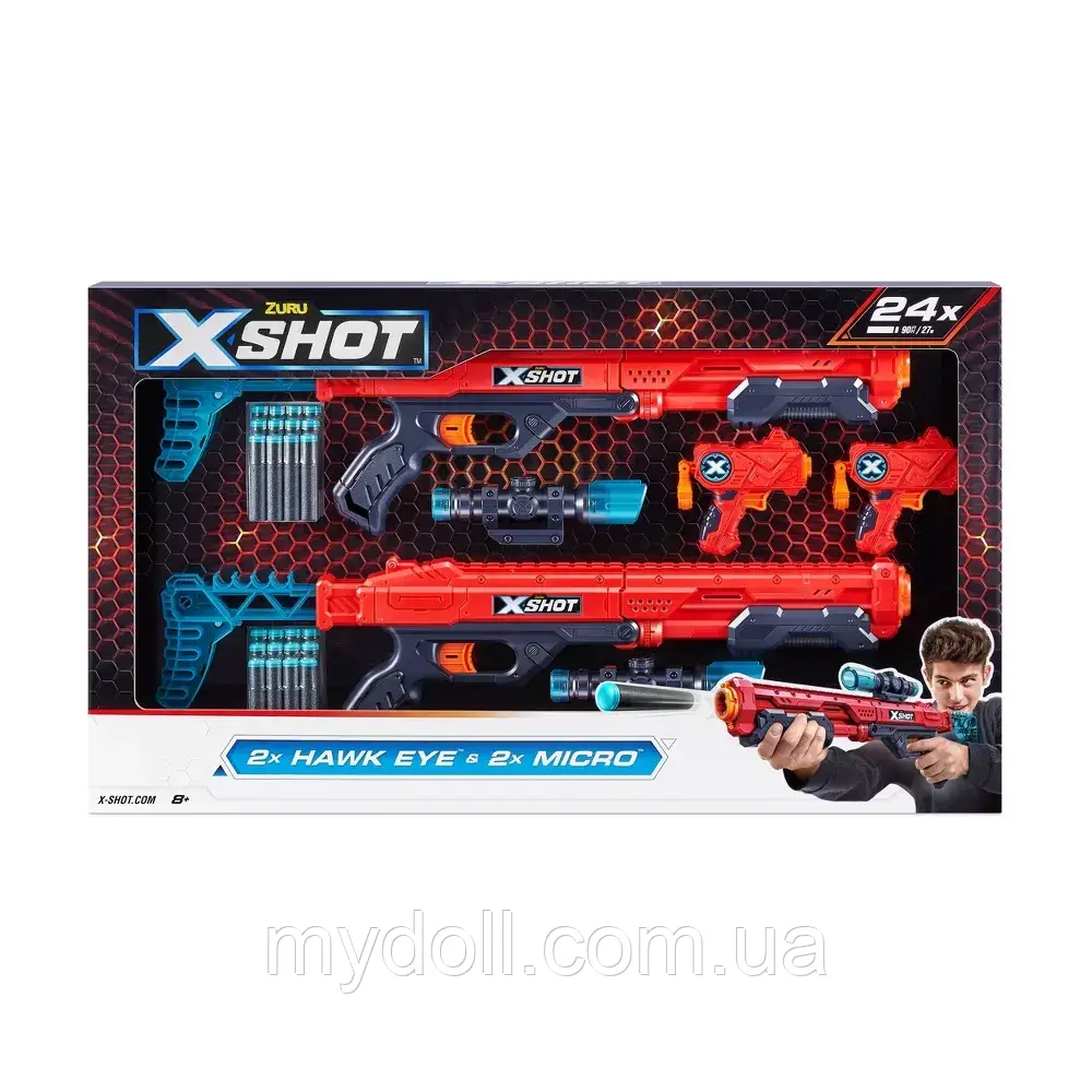Комбо набір Х-шот Скорострельний бластер пістолет Zuru X-Shot EXCEL Combo Pack Two Hawk Eye Two Micro Оригінал