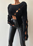 Стильный мягкий женский свитер с разрезами приятный на ощупь (молочный, черный, изумрудный); размер: 42-46