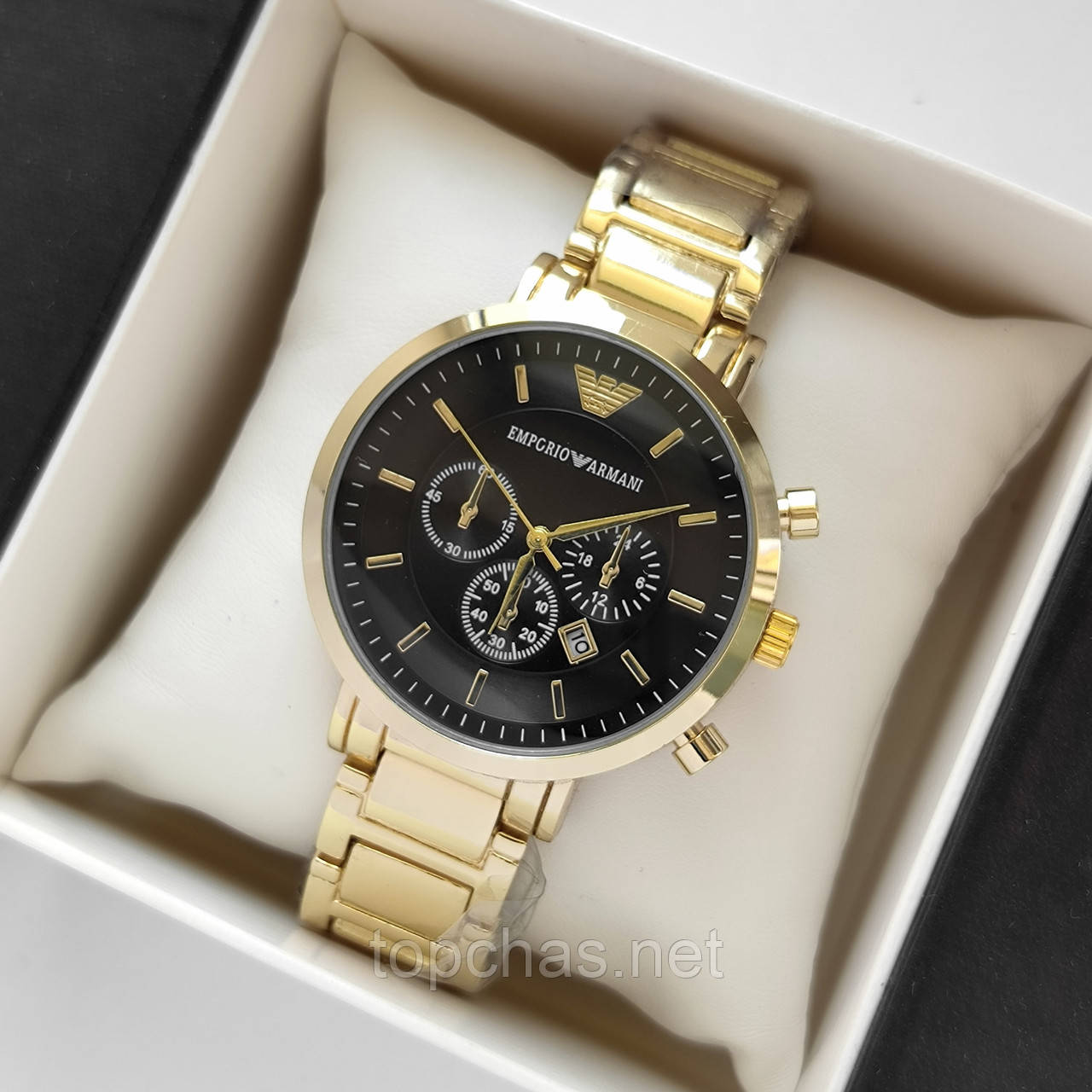 Золотий чоловічий наручний годинник Emporio Armani (Армані) чорний циферблат, блакитне покриття - код 2201t, фото 1