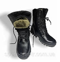 Берцы зимние кожаные черные, натуральный мех, подошва антистат, ботинки мужские