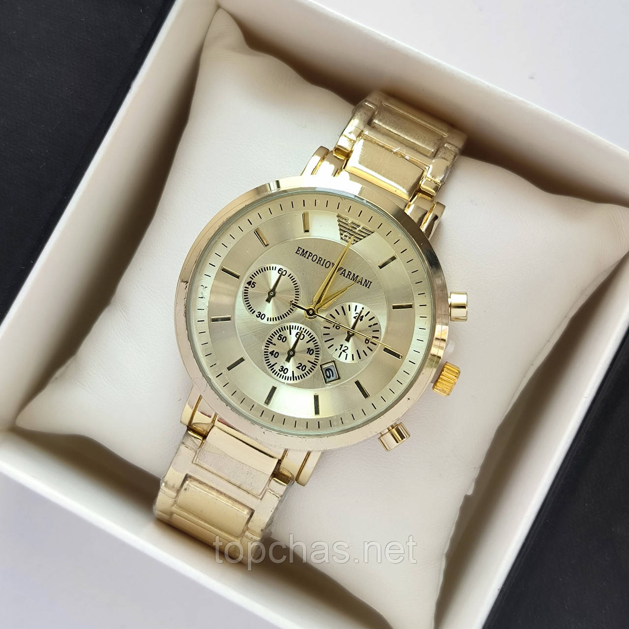 Чоловічий наручний годинник Emporio Armani (Армані) золотий з чорним циферблатом, дата - код 2278b