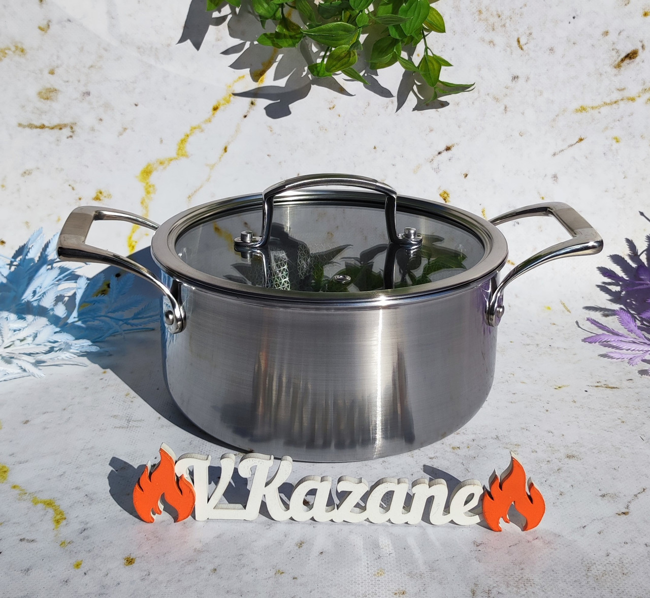 Каструля-казан із неіржавкої сталі 5.4 л 24 см Maestro MR-3504-20 Казан для індукційної плити з кришкою, фото 1