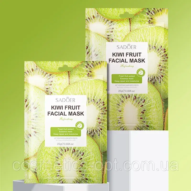 ПРИМ’ЯТЕ ПАКУВАННЯ! Освіжаюча розгладжуюча тканинна маска для обличчя з ківі SADOER Kiwi fruit Refreshing Face Sheet Mask, 25 g, фото 1