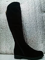 Ботфорти жіночі замша та шкіра натуральна єврохутро на низьких підборах на широку ногу змійка до верху