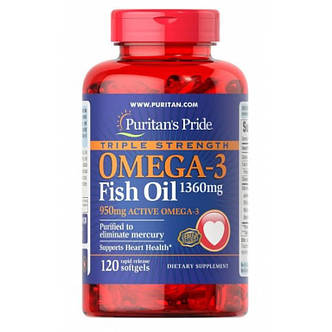 Жирні кислоти Puritan's Pride Omega-3 Triple Strength 1360 mg (950мг актив) 120 капс США, фото 2