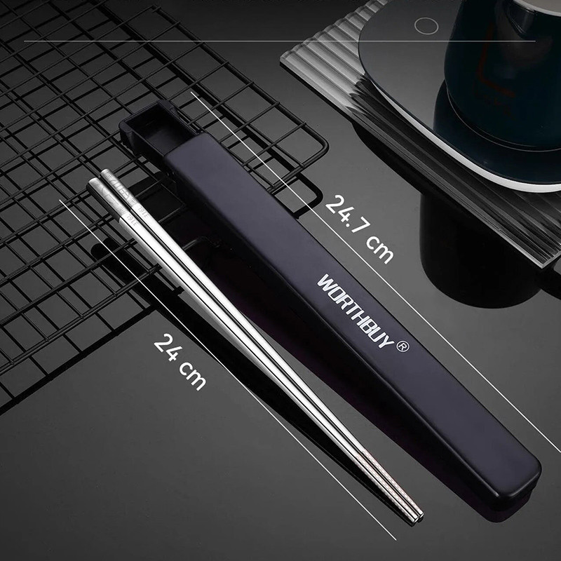 Металеві багаторазові Китайські Корейські Японські палички з пеналом для їди Суші Роллів WORTHBUY SUS 316L 24 см