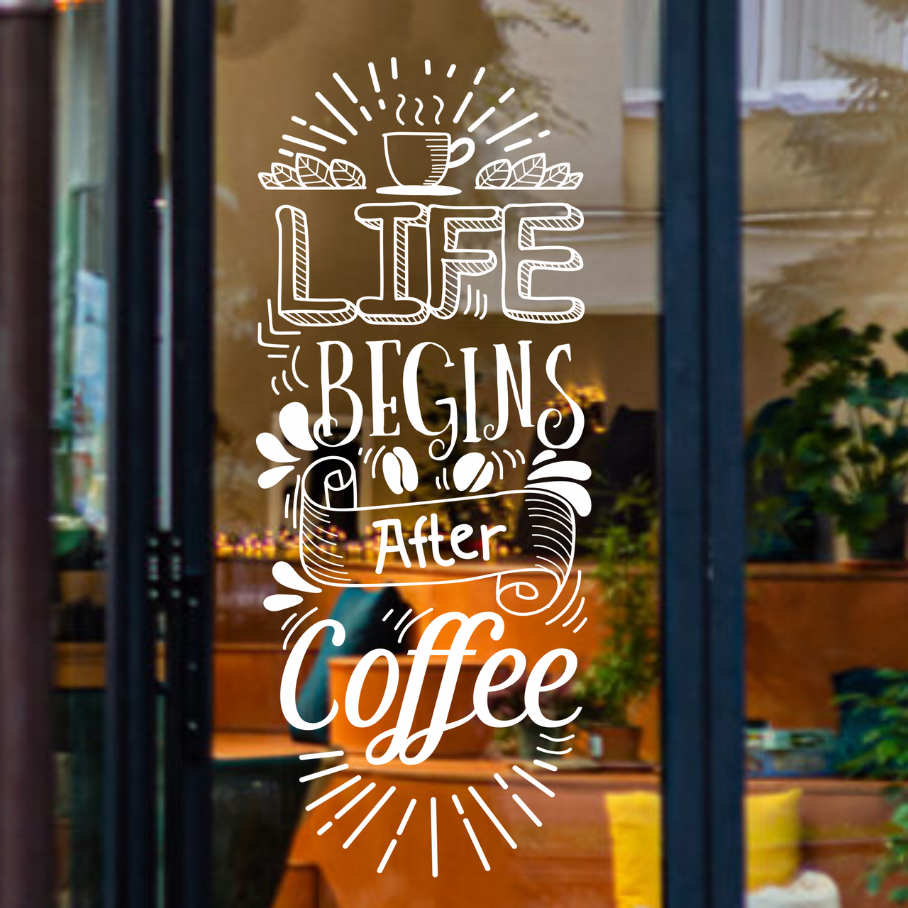 Вінілова наклейка Life begins after Coffee Життя починається після кави 396*970мм чашка зерна матова білий