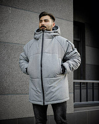 Зимова чоловіча куртка Парка сіра з глибоким капюшоном теплий пуховик