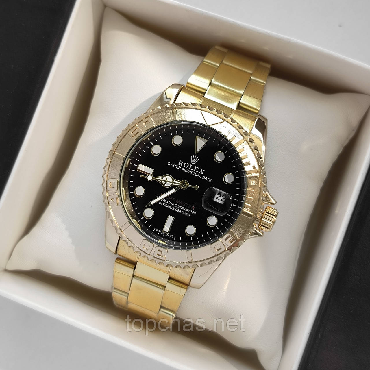 Чоловічий наручний годинник Rolex Yacht-Master (ролекс) золотий з чорним циферблатом, дата - код 2281b