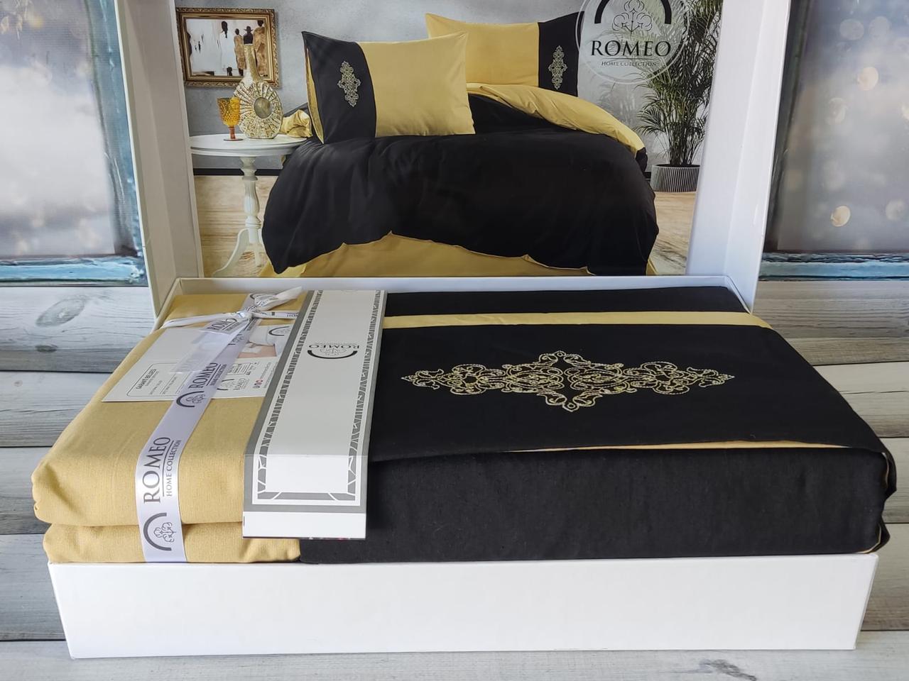 Постільна білизна з вишивкою євро розмір ранфорс Romeo Home чорно жовта, фото 1