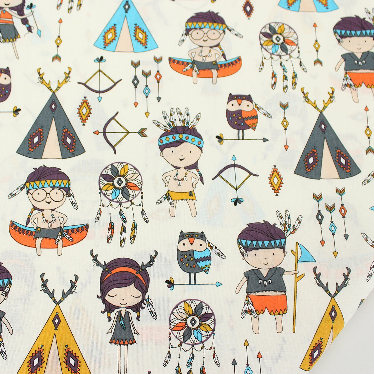 Тканина бавовняна "Маленькі індіанці" на молочному тлі №711, фото 1