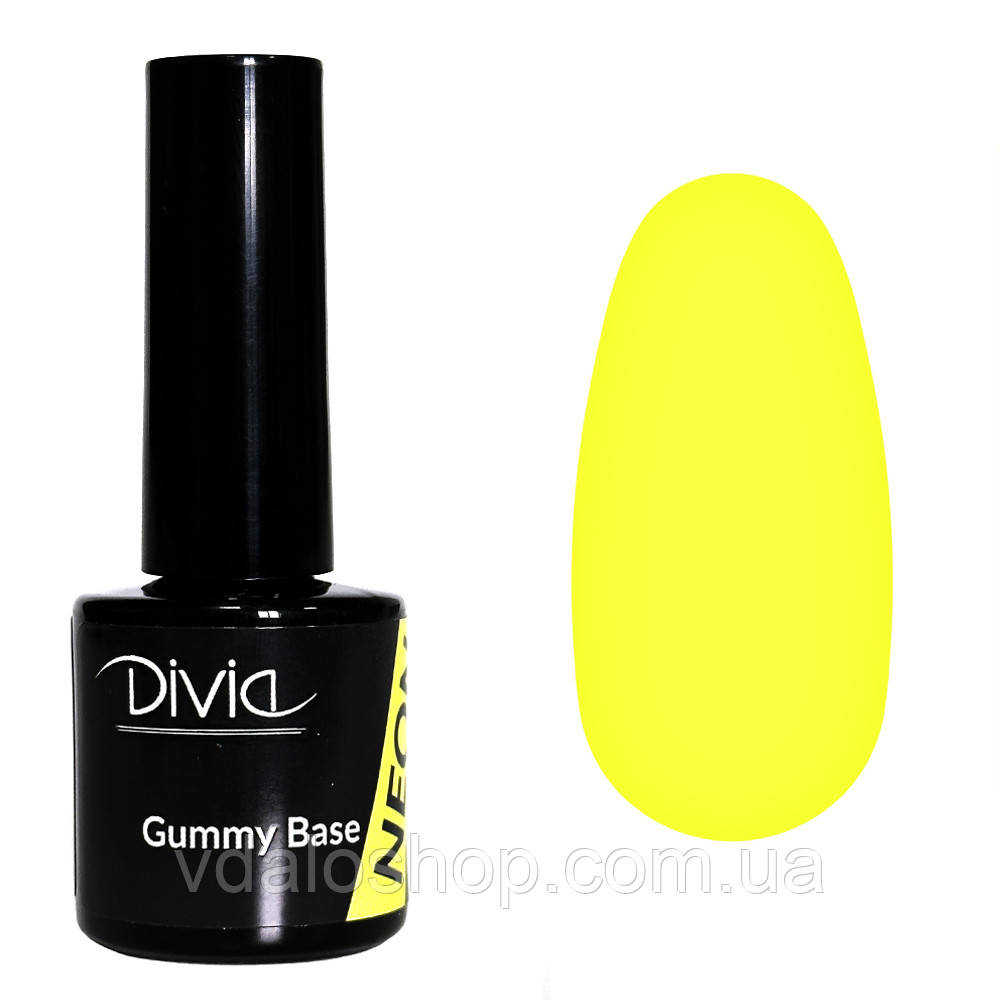 База для манікюру неонова Divia Gummy Base NEON №GBN02 Bahama Yellow 8 мл. Базове покриття для нігтів