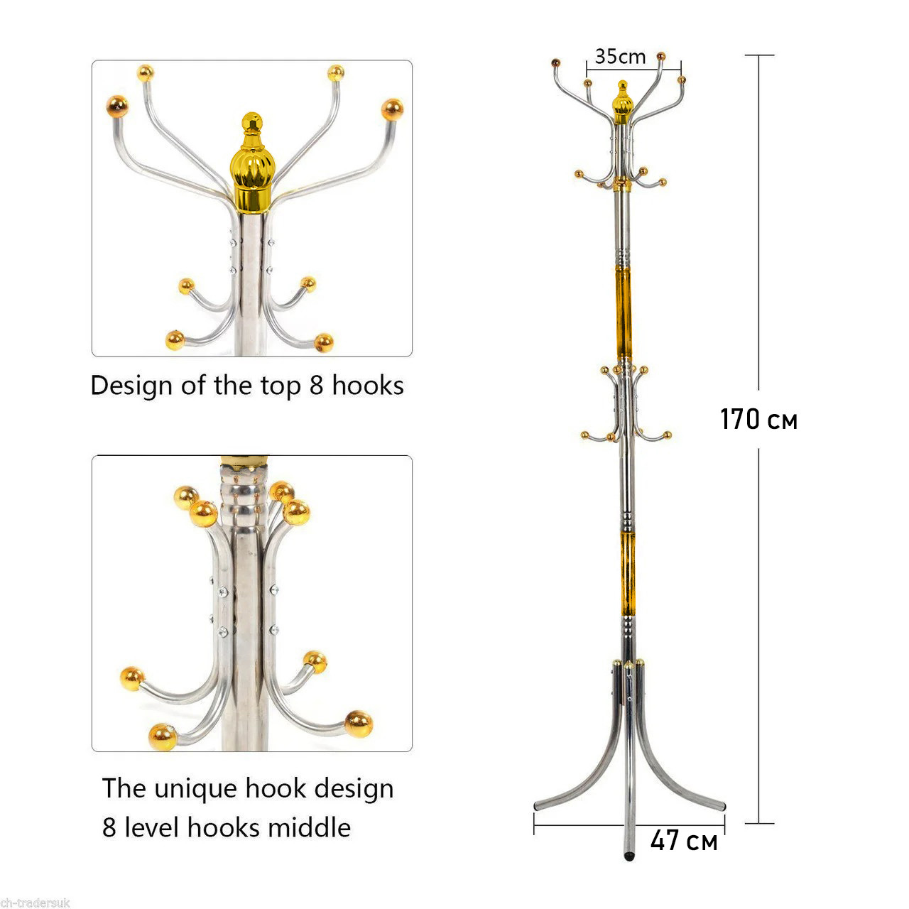 Металлическая напольная вешалка-стойка для верхней одежды "Coat Rack" Золотая, в коридор (вішалка-вішак) (ST) - фото 2 - id-p1973485509