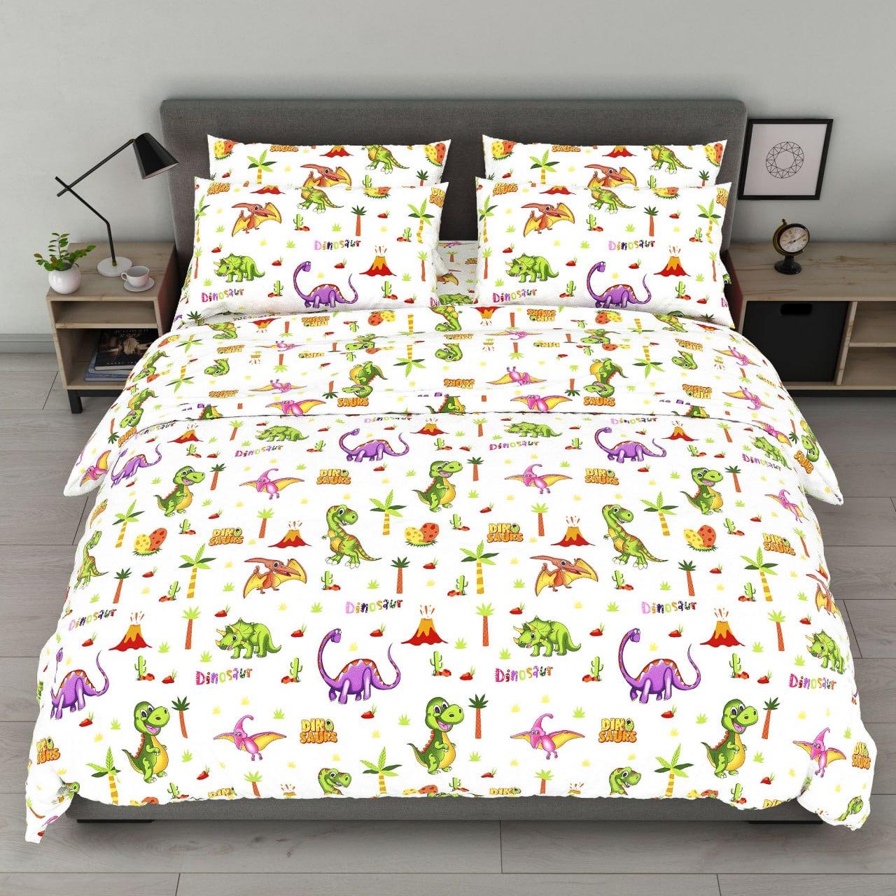 Простирадло 150х220 (Бязь) | Полуторне простирадло від виробника "Королева Ночі" | Динозаври на білому, фото 1