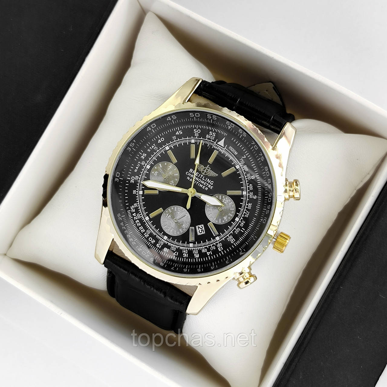 Кварцовий чоловічий наручний годинник Breitling (Брейтлінг) золотистий з чорним, на ремінці, дата - код 2288b