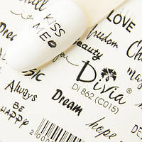 Наклейки на ногти с надписями Divia Di862 №C015 Комби Стильные слайдеры для маникюра и нейл-арта