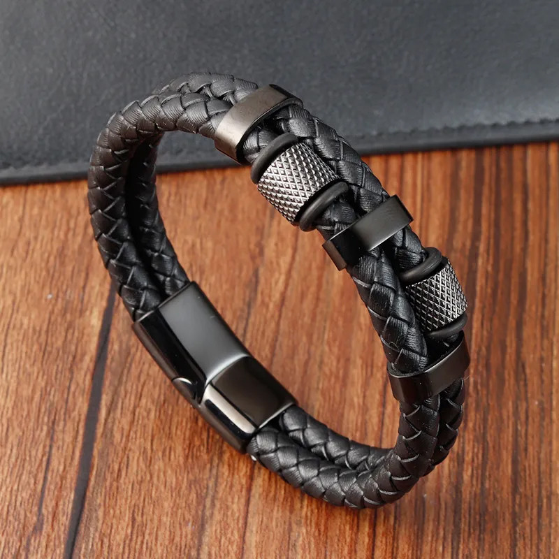Браслет чоловічий шкіряний XARDAS BLACK чорний плетений 17-19 см