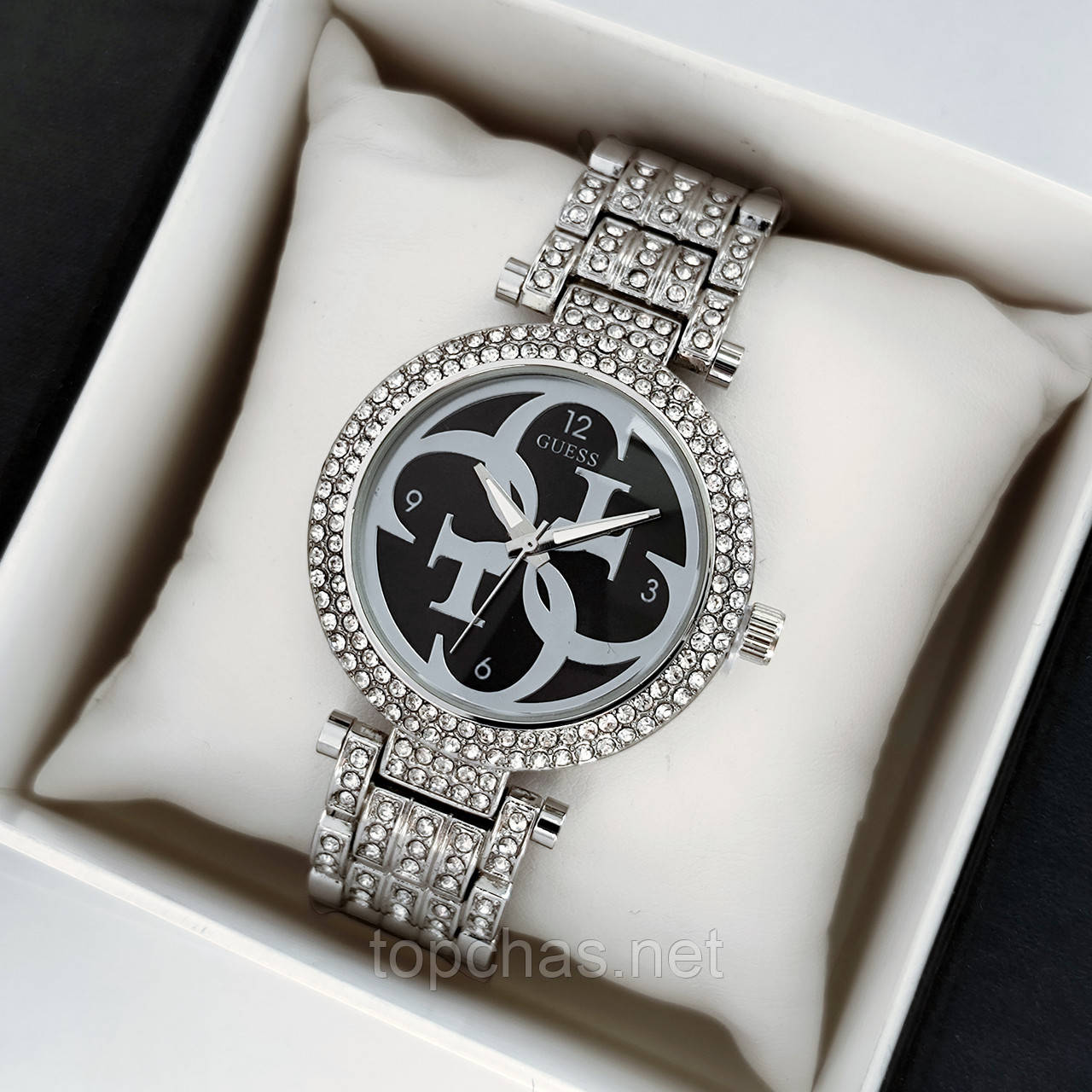 Сріблястий жіночий наручний годинник Guess (Гес) з чорним циферблатом з камінчиками - код 2290b