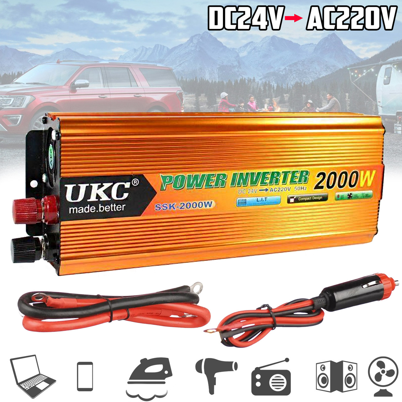 Перетворювач струму автомобільний UKC SSK2000W інвертор перетворює електрика 24В в 220В DC/AC Gold