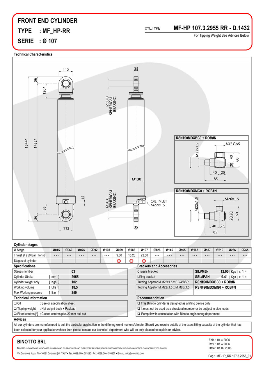 Гидроцилиндр Binotto MF-HP 107-3-2955 RR - фото 2 - id-p579839362