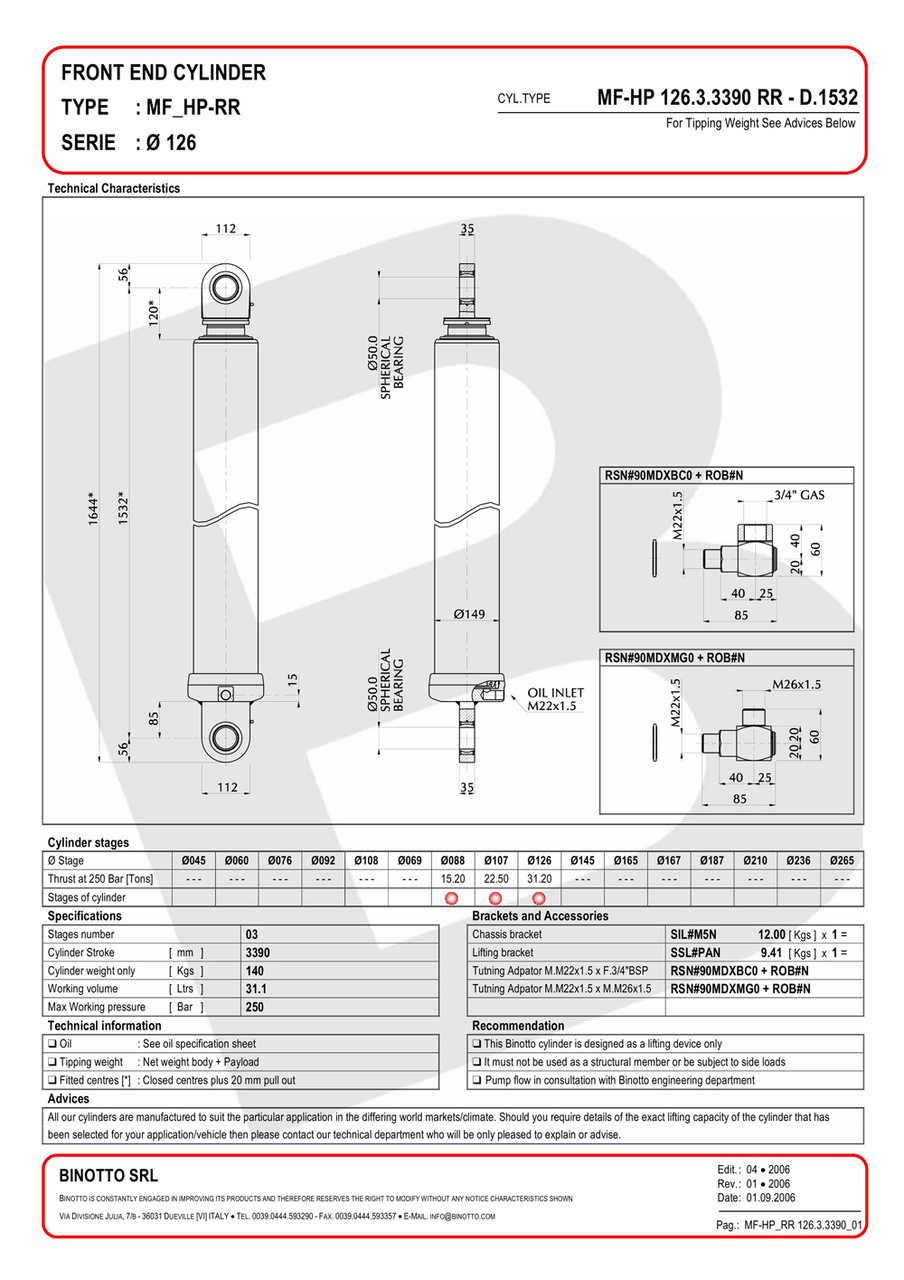 Гидроцилиндр Binotto MF-HP 126-3-3390 RR (фронтальный) - фото 2 - id-p579839364