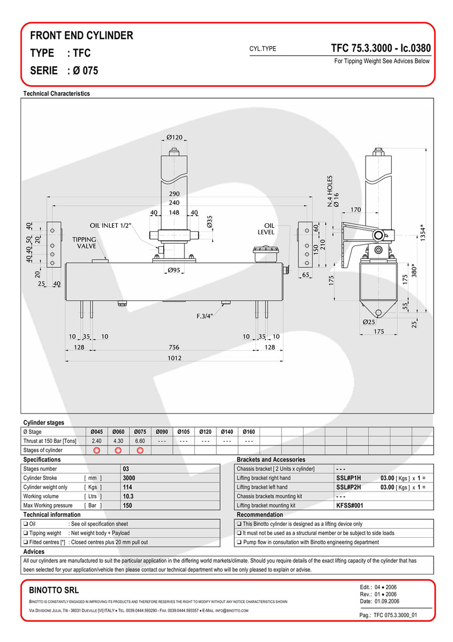 Гидроцилиндр с масляным баком Binotto TFC-M 75-3-3000 (фронтальный) - фото 2 - id-p579839377