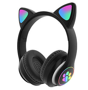 Бездротові bluetooth навушники STN-28 Котячі вушка світяться + карта пам'яті на 64 Гб, Чорні, фото 3