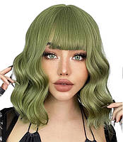 Парик зеленый волнистый, натуральные синтетические волосы