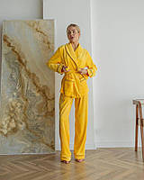 Мягкая велюровая пижама Eva двойка на запах норма и большие размеры цвет желтый женский домашний костюм