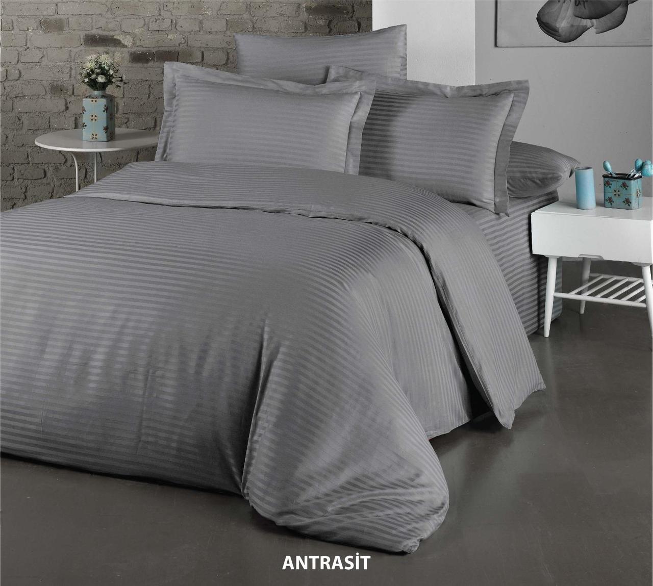 Постільна білизна Cotton Shine Stripe Satin 160х220 сімейний Antrasit, фото 1